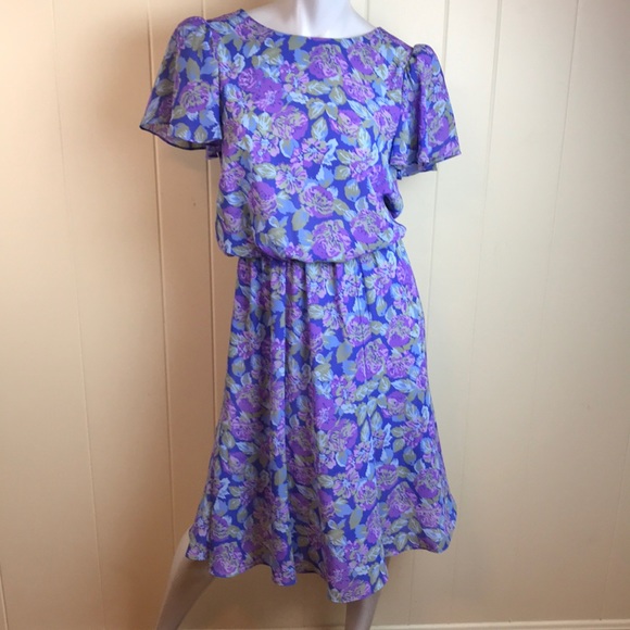 Vintage Dresses & Skirts - Vintage 70s/80s Blue Purple Dress w/ Floral Print